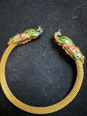 Gold Peacock Open cuff Bangle Bracelet with Multicolor Enamel Accents